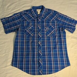 Wrangler Shirt Mens XL Blue Western Pearl Snap Short Sleeve Cowboy Wrancher